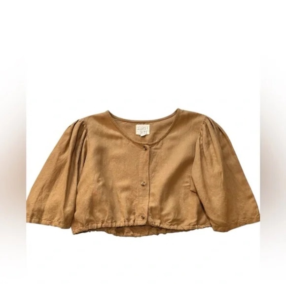 First Rite Caramel Brown Crop Blouse - Button Down - 100% Linen - Picture 6 of 7